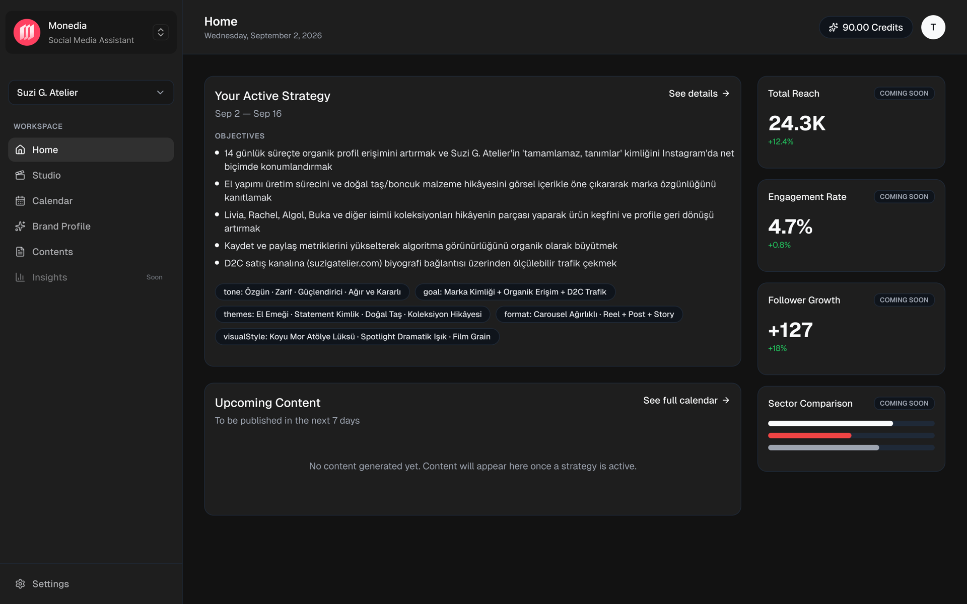 Monedia dashboard home for a brand