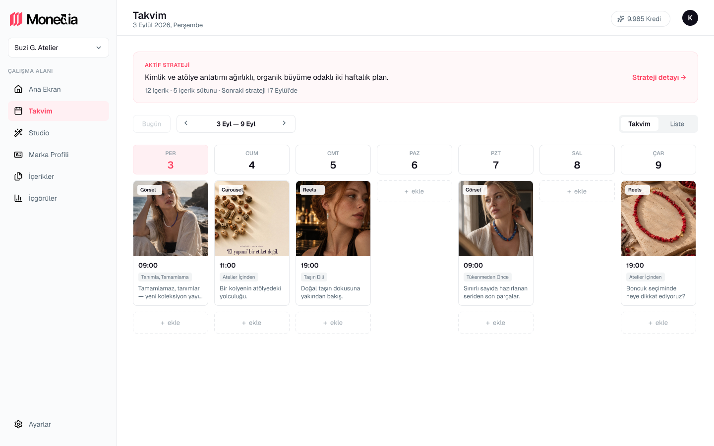 The Monedia dashboard showing a live content plan