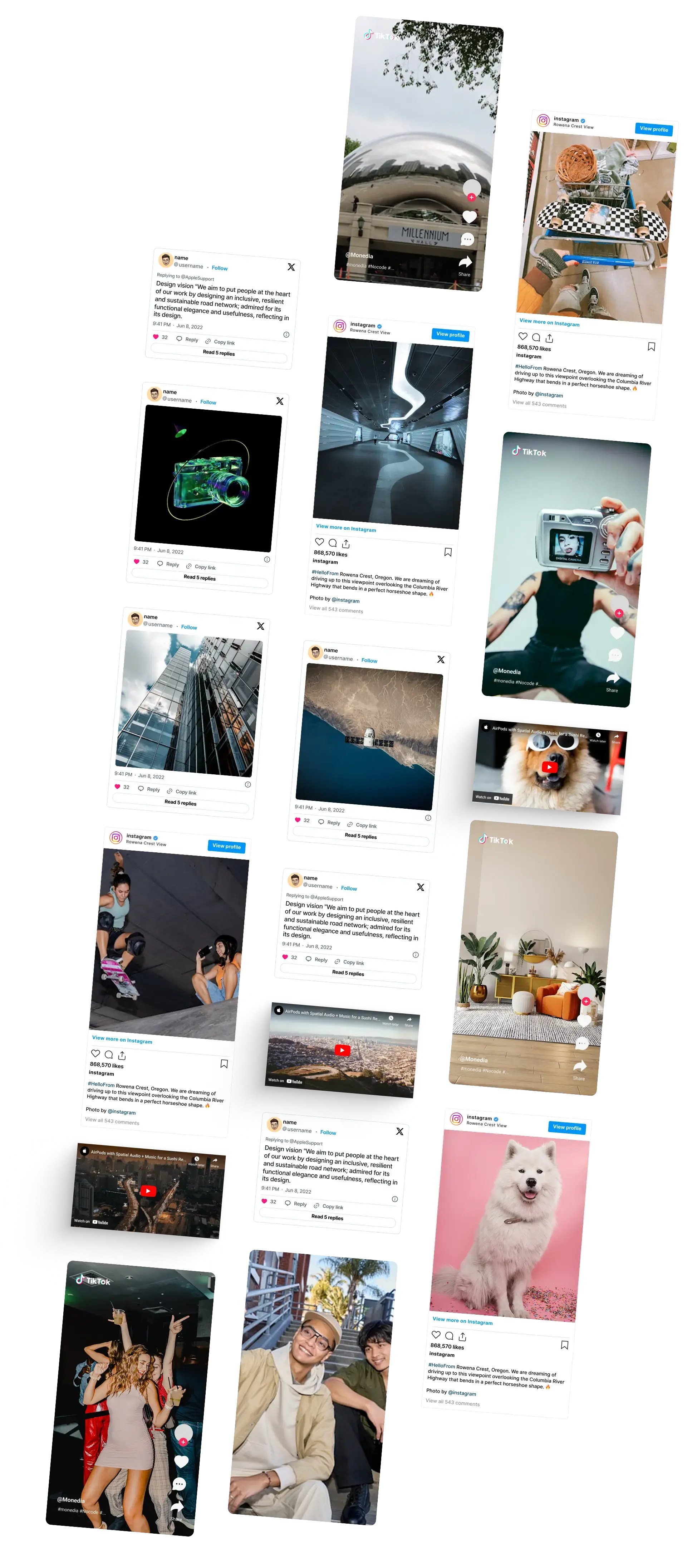 Instagram, TikTok, X and YouTube posts produced with Monedia